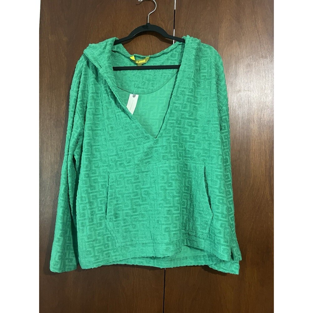 Celandine Anthropologie Womens Terry Pullover Hoodie Geometric Green Oversized M